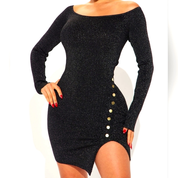 Black dress with gold buttons hips down. Size Medium - Picture 2 of 4